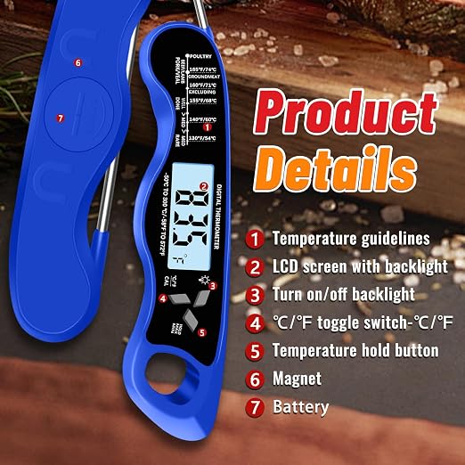 Stocking Stuffers for Men Women Adults: Meat Thermometer, IP67 Waterproof Digital Meat Thermometer with Backlight, Hold Function & Magnet for Grill, BBQ, Candy, Beef,Turkey