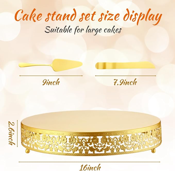 Wenqik 16 Inch Gold Cake Stand Set Metal Round Cupcake Dessert Stand with Cake Cutting, Flower Spatula Wedding Cupcake Pastry Display Candy Holder Display for Wedding Party Birthday Baby Shower