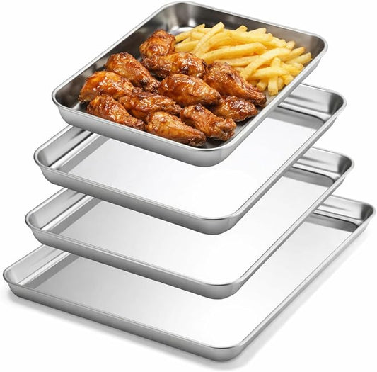 4 Pack Stainless Steel Sheet Baking Pans, 10/12/16/18 Inch Commercial Grade Cookie Sheets for Baking, Heavy Duty Stainless Steel Cookware Set, Non-stick, Non-toxic