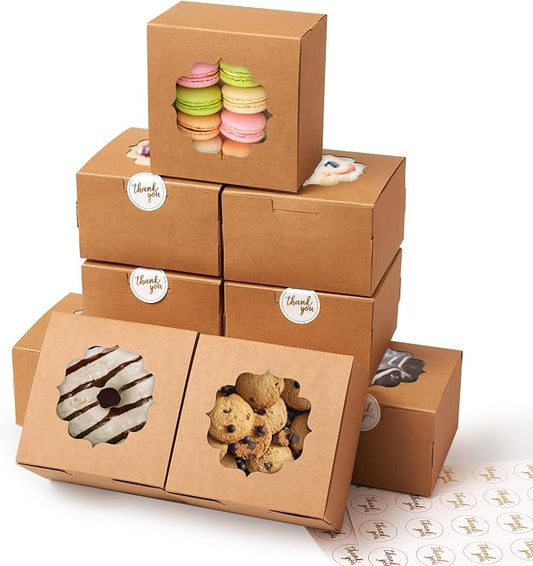 Shallive 4-Inch Small Cookie Boxes 50 Pcs Brown - Bakery Treat Boxes with Window for Gifting, To-go Containers Paper for Cake Slice, Macarons, Donuts 4x4x2.5