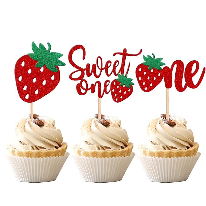 24 PCS Strawberry One Cupcake Toppers Glitter Sweet One First Birthday Strawberry Cupcake Picks for Fruit Theme Baby Shower Kids 1st Birthday Anniversary Party Cake Decorations Supplies Red
