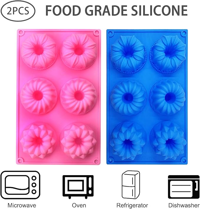 Silicone Mini Cake Pans, 6-Cavity Fluted Tube Cake Pan, Non-stick Silicone Baking Mold for Cupcakes, Donuts, Cornbread, Jellies-2 Packs (Pink, Blue)