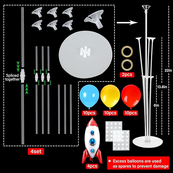 4 Sets Toy Inspired Themed Party Balloons Stand Kit With 4 Rocket Foil Balloons Toy Themed Red Blue Yellow Balloon Centerpiece for Tables for Boys Birthday Baby Shower Cartoon Party Decorations
