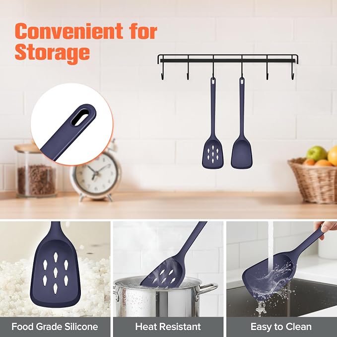 Silicone Cooking Spatula&Slotted Spatulas, Pack of 2,Solid Turner Kitchen Utensils Set for Cooking,Frying, Baking, Flipping, Turning,Heat Resistant 450℉ (BLUE)