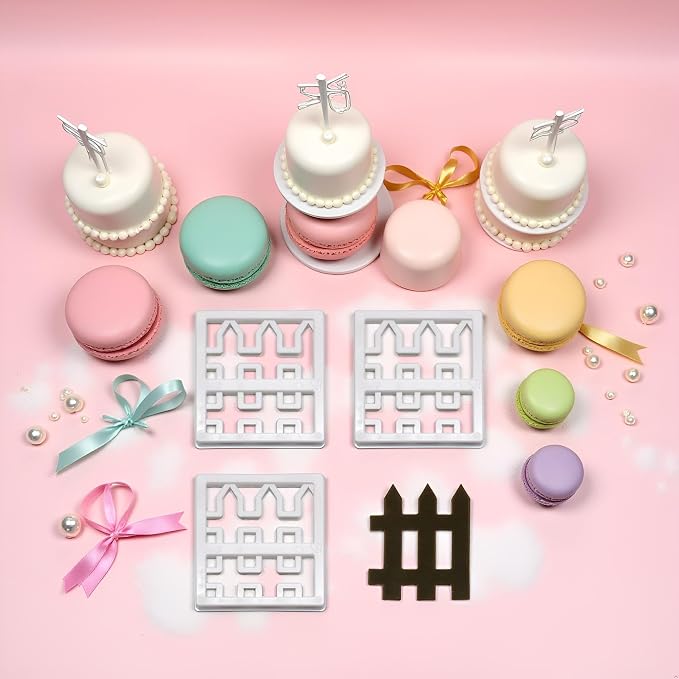 4 Pcs Plastic Fence Fondant Molds Cookie Cutter Mold Fondant Cake Cutting Molds for Baking Room Coffee Shop Cookie DIY Cake Border Decoration Baking Tools and Accessories, Bakeware（White）
