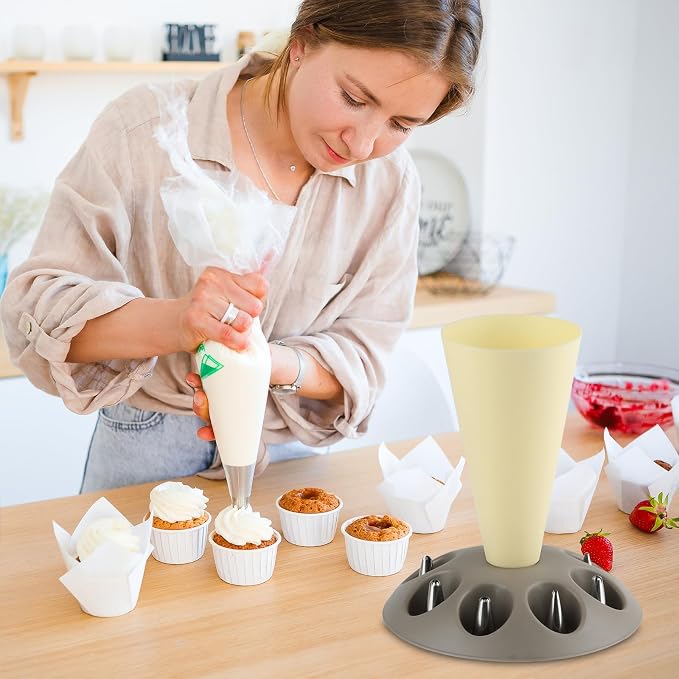 Piping Bag Holder Stand for Filling, Pastry Bag Stand with 8 Slots Nozzles, Plastic Pastry Bag Stand for Cake Decorating, Baking Accessories (Yellow)