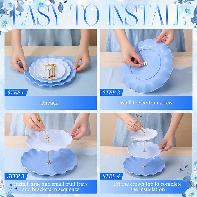 FoldTier 6 Pack Cupcake Stand Set 3 Pcs 3 Tier Gradient Dessert Table Display Stands Cookie Tray Rack 3 X14 in Rectangle Party Trays for Wedding Birthday Tea Party Baby Shower(Blue,Round)