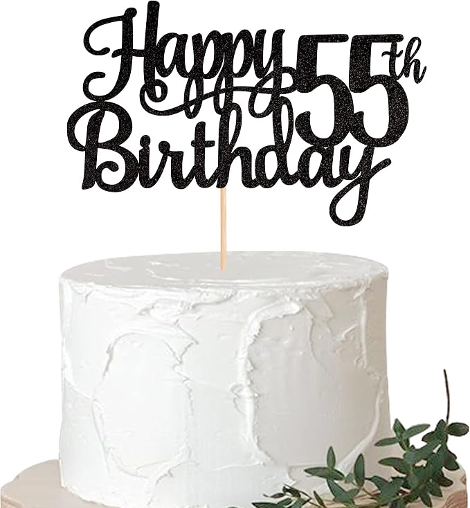 1 PCS Happy 55th Birthday Cake Topper Glitter Cheers to 55 Years Birthday Cake Pick 55 Fabulous Cake Decoration for Happy 55th Birthday Theme Party Decorations Supplies Black