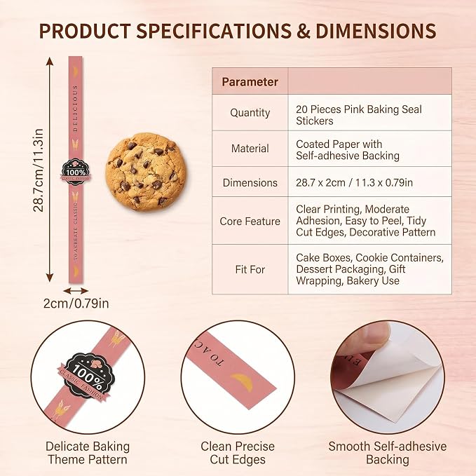 100Pcs Bakery Sealing Stickers Self Adhesive Food Package Seal Labels Long Strip Decorative Tamper Evident Stickers for Cake Box Pastry Handmade Baking Supplies