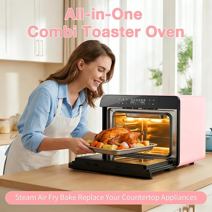 ROBAM Toaster Air Fryer Combi Oven, Countertop Steam Oven 14-in-1 with Convection Steam Roast & Bake, Multi-Stage Cooking, Self-Clean, 7 Modes, 30 Built-In Recipes, for Kitchen Pizza Baking (Pink)