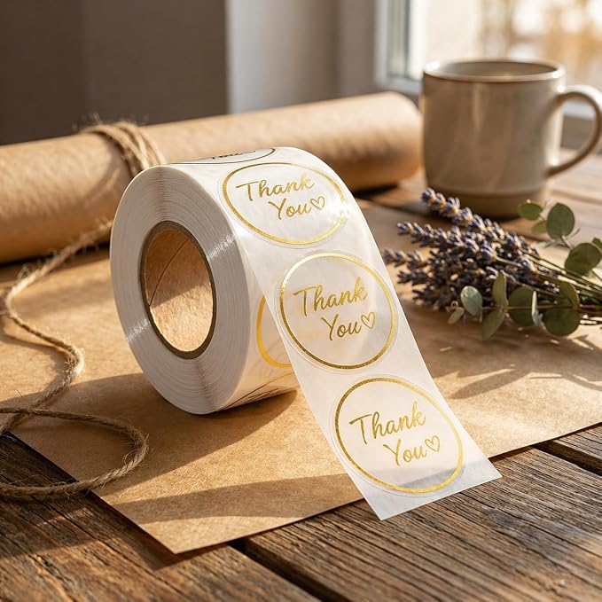 Thank You Stickers for Small Business – 500 Clear Round Stickers with Gold Foil Script, 1.5 Inch Waterproof Adhesive Labels for Packaging, Envelopes & Gift Bags