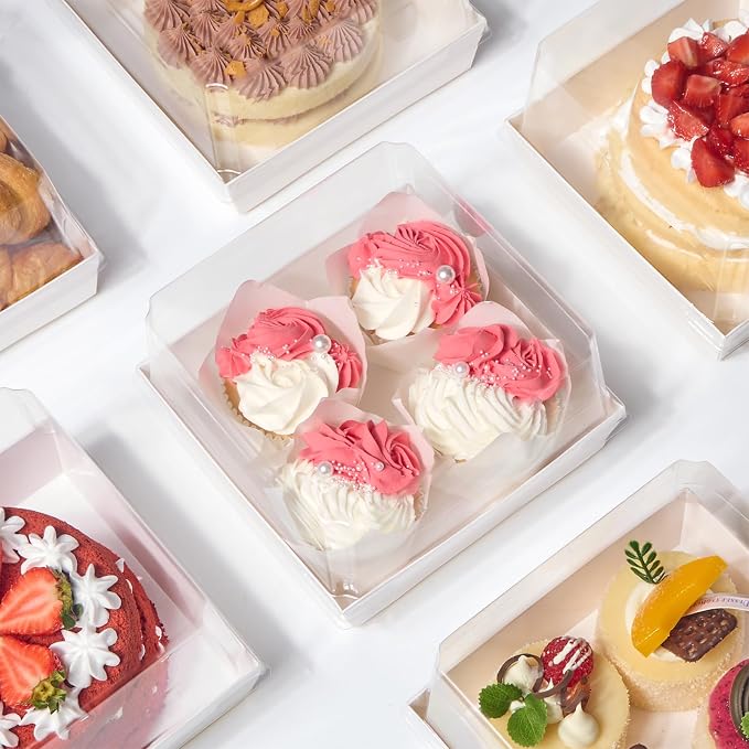 ZORRITA Paper Cake Boxes with Clear Lids, 7" x 7" x 4", 20 Pack, White | Disposable, Square Food Containers, For 4-6 Inch Cake, Dessert, Pie, Cupcake, Bakery, Charcuterie
