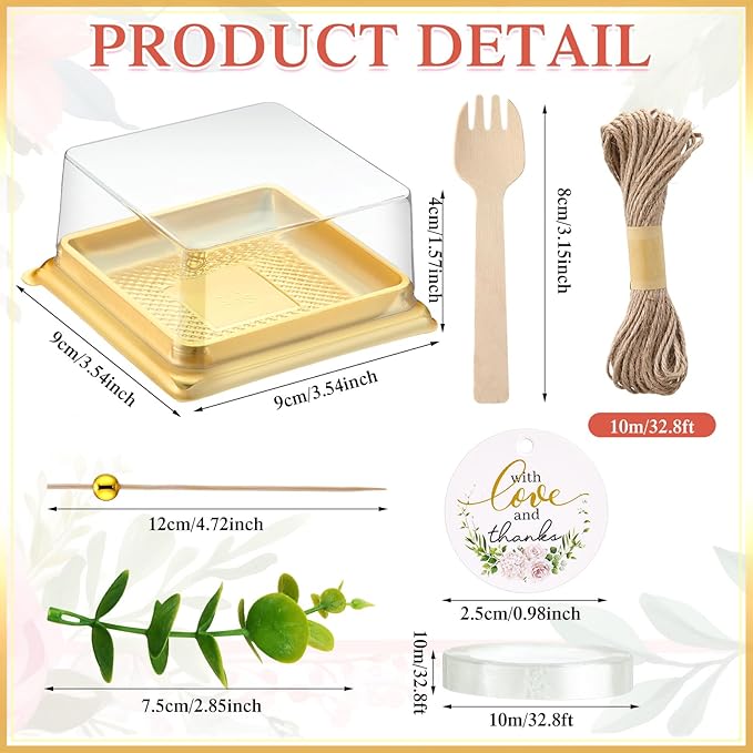 Honeydak Clear Cake Containers with Lids Wedding Cake Pans Cupcake Container Muffins Box Cocktail Picks Appetizer Thanks Tags Eucalyptus Leaves for Wedding Birthday Dessert Display(50 Sets)
