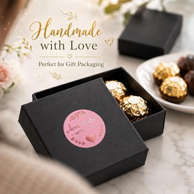 100PCS Handmade with Love Stickers, Rose Gold Foil Labels for Small Business Packaging, Bakery Cookies, Gift Wrapping, Candy Table, Wedding Baby Shower Party Favor Stickers.1.6 inch (Pink+Rose Gold)