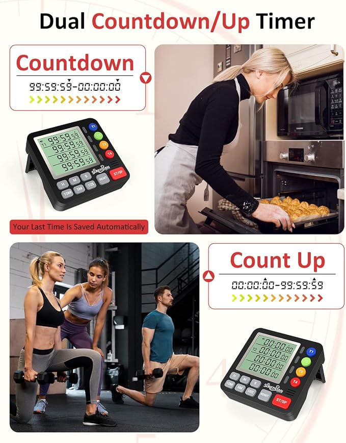 Digital Kitchen Timer for Cooking - 4 Channel Count Up Countdown Timer with Loud Alarm and Silent Mode, Large Display, Magnetic Back, Auto Memory for Classroom Study Gym, Battery Included (Black)