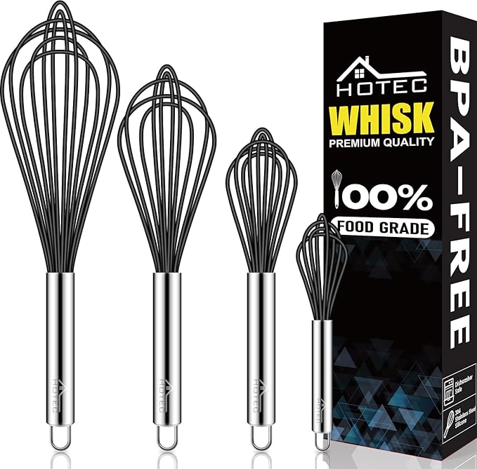 HOTEC 4 Pieces Silicone Whisks Set, Wire Balloon Whisks for cooking Egg Beater, Non-slip Handle Whisk for Non-stick Cookware Perfect for Cooking, Stirring, Beating and Blending,Black