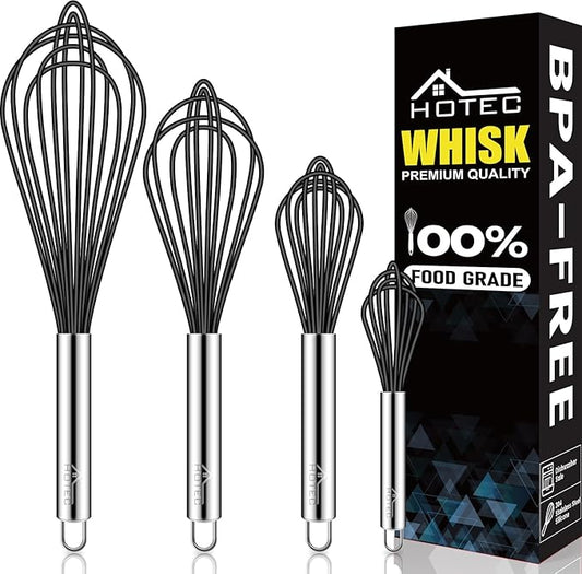 HOTEC 4 Pieces Silicone Whisks Set, Wire Balloon Whisks for cooking Egg Beater, Non-slip Handle Whisk for Non-stick Cookware Perfect for Cooking, Stirring, Beating and Blending,Black
