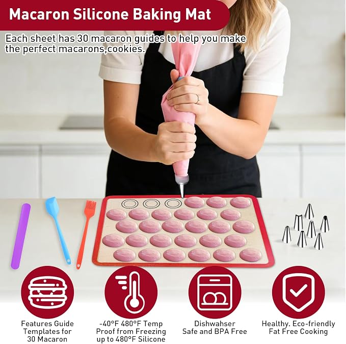 44 Pcs Macaron Silicone Baking Kits, Macaron Baking Supplies,2 Macaron Silicone Baking Mats,24 Piping Tips,4 Piping Bags,4 Cable Ties,4 Connectors,2 Brushes,2 Scrapers,and 2 Tapping Rings