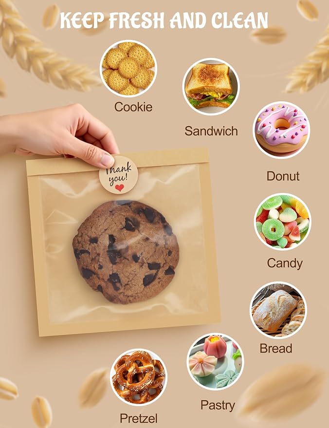 FireKylin 200 Pack Cookie Bags with Heat Sealing, 5.7 x 6.5 Inch Bakery Bags with Window, Grease Resistant Cookie Packing for Treats, Baked Goods, Bagel, Cake Slice, Sandwich (5.7"x6.5"-200pcs)