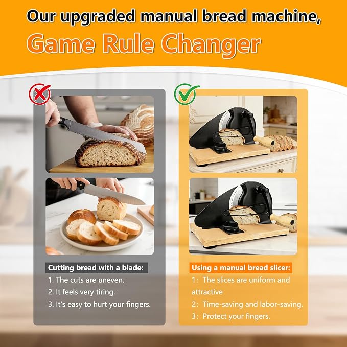 𝐔𝐩𝐠𝐫𝐚𝐝𝐞 Bread Slicer for Homemade Sourdough Bread, Black, Manual Adjustable Width, Stainless Steel Blade Metal Guide Rail,Create Perfect Slicefor Sourdough Bread Sandwich,10 Years Warranty