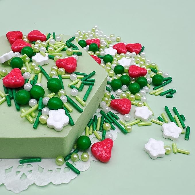 ST Patricks Day Green Sprinkles for Cake Decorating, Spring Sprinkles Mix with Strawberry Pearl Jimmies Flower for Ice Cream Cupcakes Baking Cookies Cake Topping