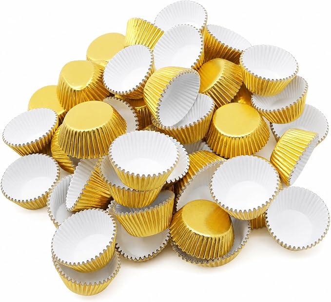 100 Gold Foil Cupcake Liners, Muffin Liners or Baking Cups for Desserts, Muffins, Cupcakes and More Treats; Grease Proof, No Smell, Food Grade, Nut Serving Containers (Gold 100)