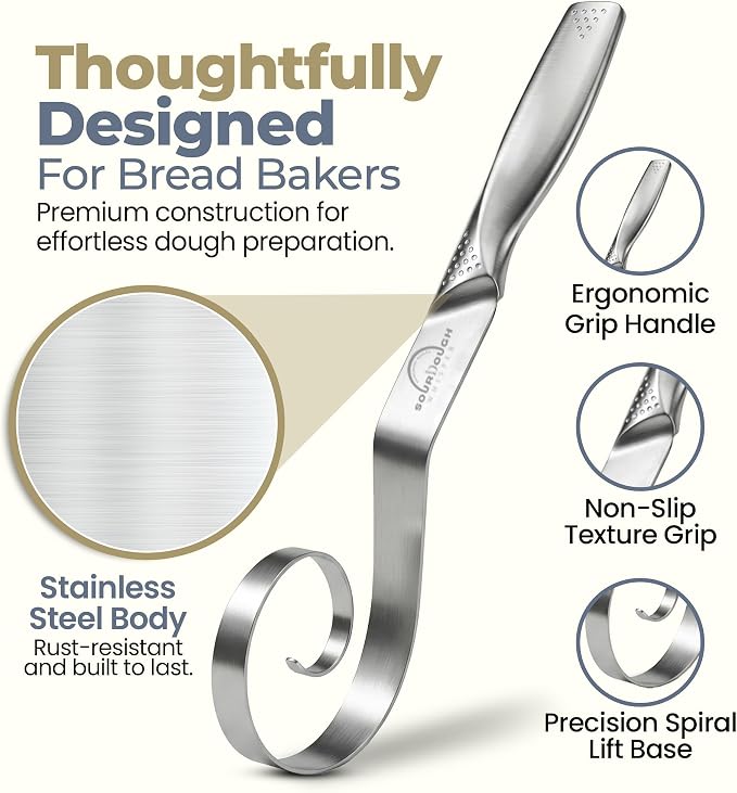 Seamless Dough Whisk, Stainless Steel Danish Dough Wisk, 9" Bread Whisk for Sourdough, Cookies, Pizza, Pastry, Dishwasher Safe Dough Hook
