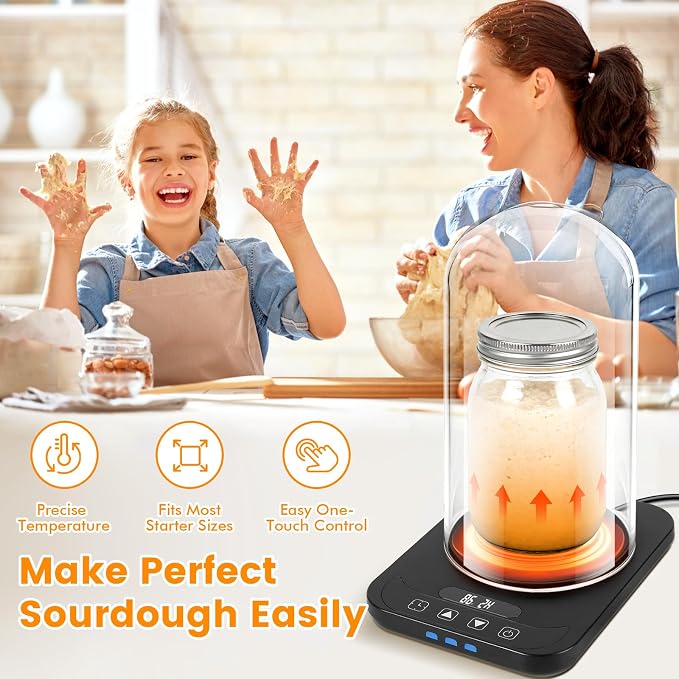 Sourdough Starter Warmer with Glass Dome, Sour Dough Warmer & Glass Cover - 70-100°F Precise 1°F Thermostat Control & 12H Timer Auto Warming ON/Off, Sourdough Warming Mat for 24oz 34oz 40oz Jars