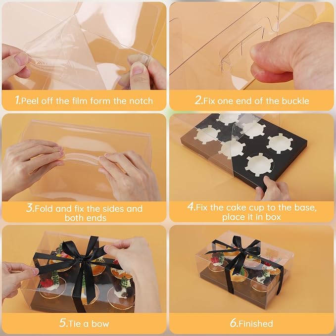 EUSOAR Cupcake Boxes, 18 Pack Black Plastic Bakery Mini Cake Pastry Containers 6 Count with Gift Ribbon, Rectangle Dessert Muffins Holder Disposable Cake Carrier for Wedding Party Favor Supplies