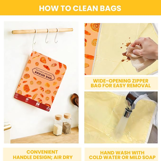 2 Pack Wide Zipper Access Beeswax Bread Bags for Sourdough Bread, Reusable Organic Linen Beeswax Bread Bag for Homemade Sourdough for Homemade Bag to Keep Fresh Longer, Kitchen Storage (Yellow)