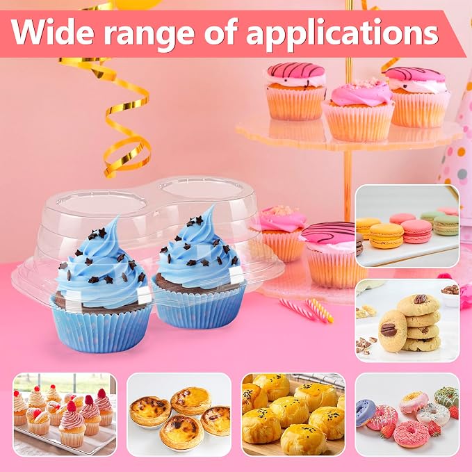 Jeffbaubl 60 Pcs 2 Cavity Cupcake Boxes,Clear Plastic Cupcake Containers,2-Compartment Cupcake Carrier Holder Box with Lids,Stackable Disposable Cupcake Holder for Muffins Pies
