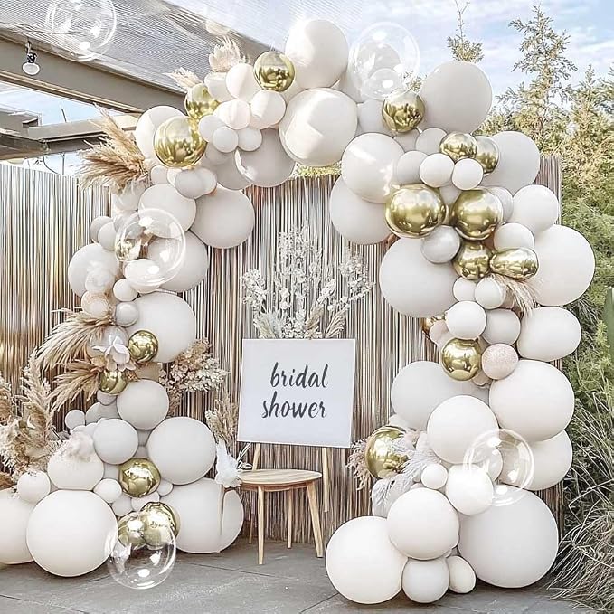 Double Stuffed White Balloon Arch with Clear Bobo, Double Stuffed Light Grey Different White Gold Balloon Garland Kit for Bridal Wedding Engagement Birthday Christmas Valentines Party Decoration