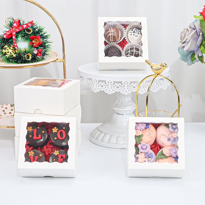 100PCS 3¼" x 3 ¼" x 1 ½"Cookies Boxes Soap Boxes Chocolate Truffle Boxes for 4, Donut Treat Macaron Box Mini Bakery Boxes Small gift boxes with Window Brownie Box