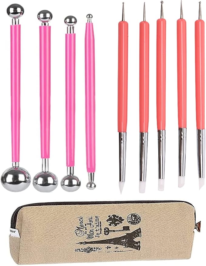 4PCS Double-Ended Metal Ceramic Clay Ball Stylus Dotting Tools and 5PCS 2 Way Silicone Polymer and Embossing Paper Flower Indentation Tool for Drawing