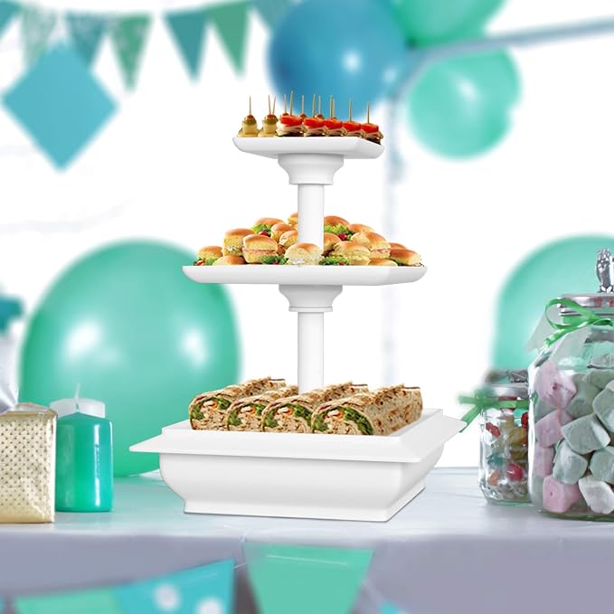 Chef Buddy 3-Tier Cupcake Stand - Square Display Stand for Birthday, Tea Party, Wedding, or Baby Showers - Dessert Table Display Set (White) (Pack of 2)
