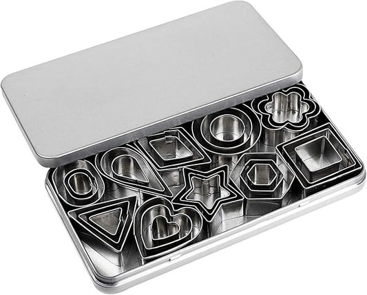 Mini Cookie Cutter Set, 30 Tiny Stainless Steel Cookie Stamps of Rectangle Square Heart Star Triangle Round Tiny Circle for Out Pastry Dough, Pie Crust & Fruit, Fondant