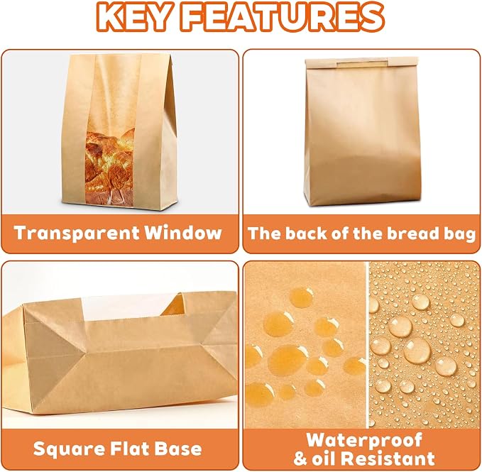 100 Pcs Large Bread Bags with Tin Tie & Clear Window, 14"x8.3"x3.5" Paper Bakery Bags for Homemade Sourdough, Cookies, Pastries | Bakery Packaging with Lock Tab, Food Storage Bags