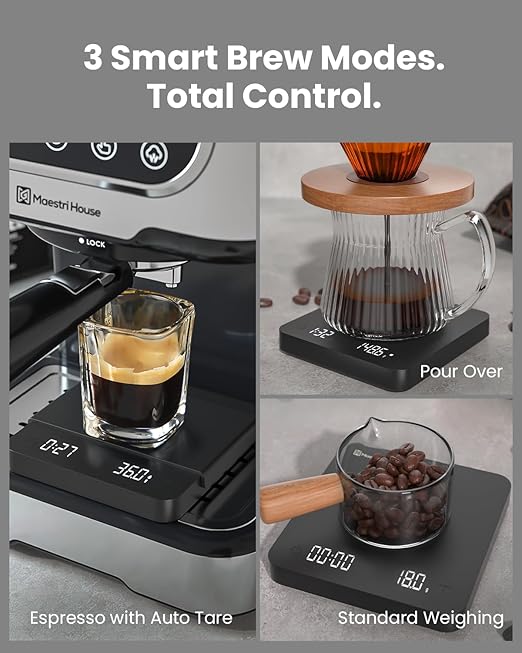 Maestri House S1 Air Ultra-Slim Espresso Coffee Scale with Timer, 0.1g Precision Shot Scale with Auto Tare & 3 Smart Brew Modes, Rechargeable Digital Scale for Espresso & Pour Over