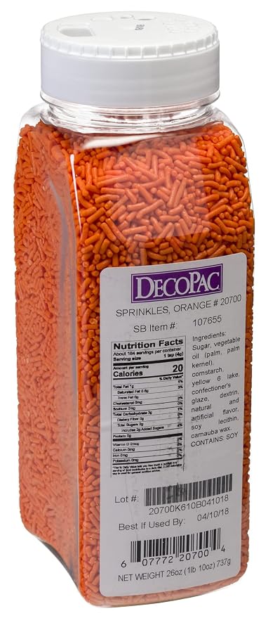 DecoPac Orange Sprinkles | Extra Large 26oz Pack | Cake Sprinkle Mix, Fancy Sprinkles For Cake Decorating, Handheld Container, Candy Sprinkles, Cake Sprinkles - Orange