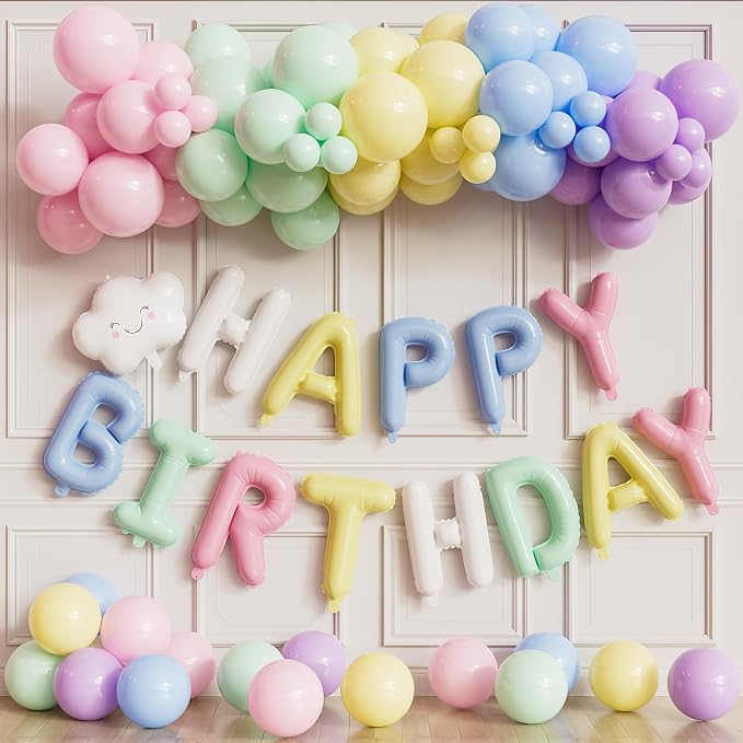 Pastel Birthday Decorations, Pastel Balloons with Happy Birthday Balloon Banner, Macaron Balloons,Cloud Latex Balloon for Women Girls Boys Party Supplies(84Pcs)