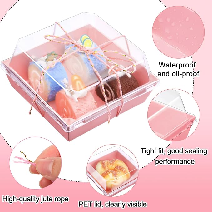 Jetec 150 Pack Charcuterie Boxes with Clear Lids and Rope 4 Inches Cake Disposable Square Dessert Food Box Containers with Lids for Bakery Macaron Cookies Strawberries Fruits Display (Pink)