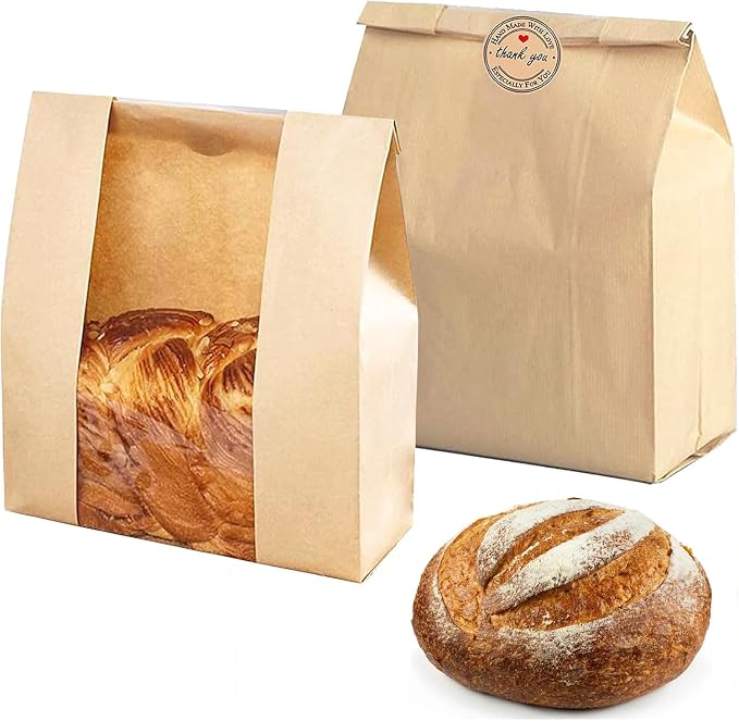 10 Pack Large Paper Bread Bags for Homemade Sourdough Loaves Bread Bags with Window for Homemade Bread Gift Giving, Sourdough Bread Packaging Storage with Label Seal Stickers(13.7x8.2x3.5 inch)