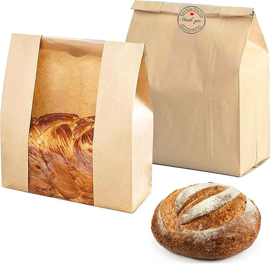 10 Pack Large Paper Bread Bags for Homemade Sourdough Loaves Bread Bags with Window for Homemade Bread Gift Giving, Sourdough Bread Packaging Storage with Label Seal Stickers(13.7x8.2x3.5 inch)