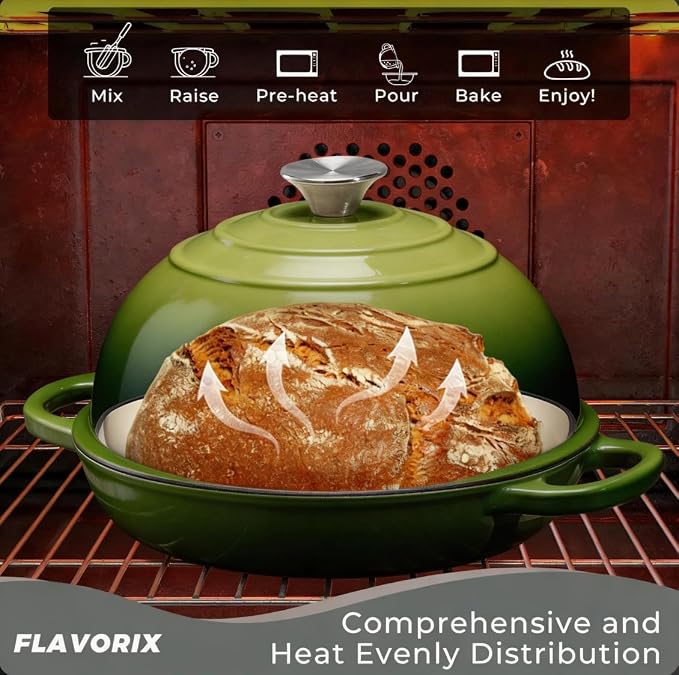 Cast Iron Bread Oven for Sourdough, 6Qt Bread Baking Pan with Lid, Enameled Sourdough Dutch Oven for Bread Baking, Oven Safe up to 482℉, Green