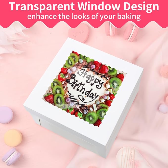 WINKIO 10x10x8 Inch Cake Box, 4 Pack White Cake Boxes with Window, Disposable Bakery Boxes 10 Inch for Cake Cookies Pies Cupcakes Pastry