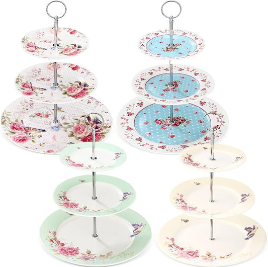 Dandat 4 Pcs 3 Tier Cake Stand Floral Ceramic Afternoon Serving Tray Porcelain Dessert Stand 6" 8" 10" Cake Stand 3 Tier Serving Platter for Tea Party, Wedding and Birthday, 4 Colors