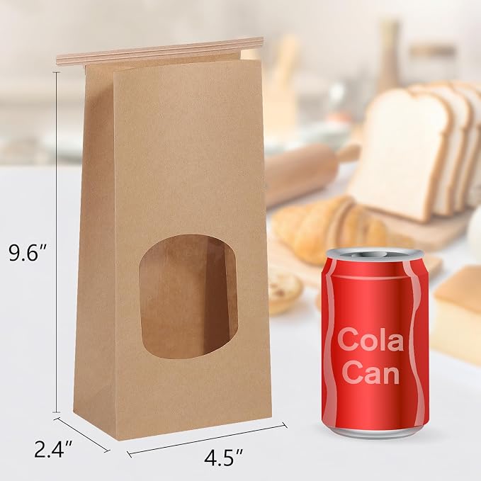 Eupako 4.5x2.36x9.6" Bakery Bags With Window - 50 PCS Brown Tin Tie Tab Lock Kraft Paper Bags for Cookies, Coffee - Includes 50 PCS Handmade Stickers