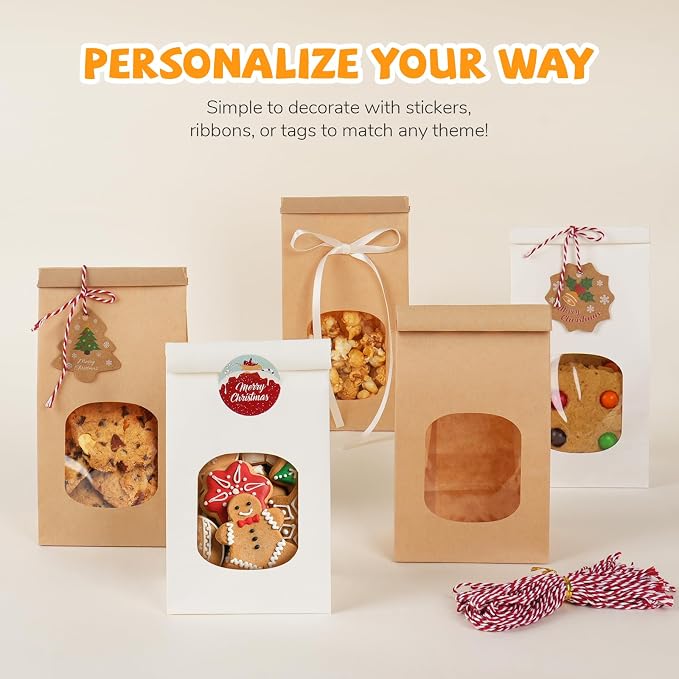 50 Pack Bakery Bags with Window, 3.9x2.3x8.2 Inches Tin Tie Tab Paper Cookie Bags White Small Gift Bag for Packaging Popcorn, Trail Mix, Treats, Snacks, Baked Goods, Party Favors | Grease Resistant