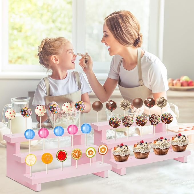 Wood Cake Pop Stands, 3 Tier Lollipop Holders with Twist Ties Lollipop Sticks, Sucker Display Riser for Dessert Table of Wedding Birthday Party (Pink-2P-17 Hole)