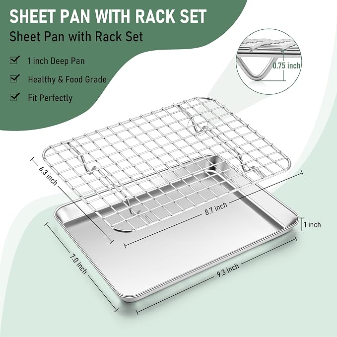 Homikit Toaster Oven Pan with Rack Set (2 Small Baking Sheets+2 Grill Racks), 9 x 7 Inch Stainless Steel Small Cookie Sheets Bacon Tray with Cooling Racks for Baking Roasting, Dishwasher Safe